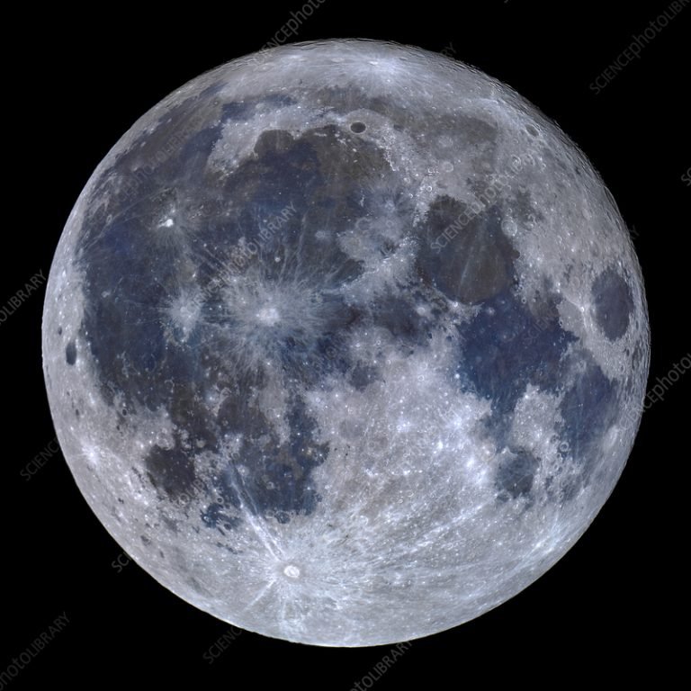 Full Moon, composite image. The lunar hemisphere that faces Earth has bright highlands and dark seas, or maria, that are lowland plains full of dark solidified lava. Several large bright craters are also seen. Photographed from Cumeada Observatory, Alqueva, Portugal, on 25th October 2018.